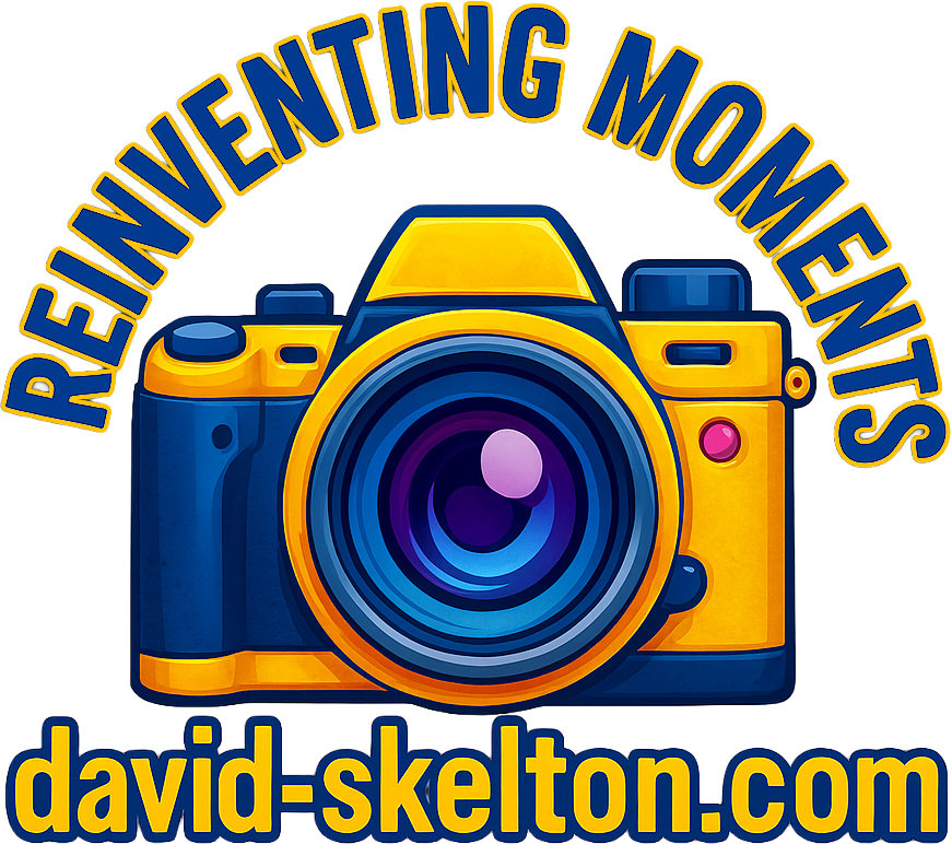 Blue and yellow illustrated camera logo for Reinventing Moments with david-skelton.com text.