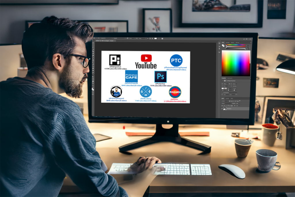 A man sitting in front of a computer watching a YouTube tutorial on Photoshop, with the YouTube logo and Photoshop icon as a centerpiece. The background is a sleek office with plants and decorations, creating a clean and sophisticated mood.