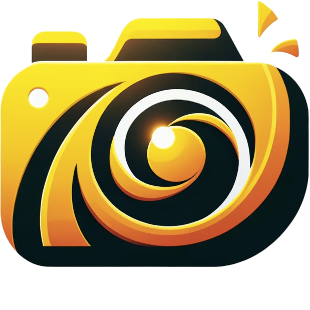 About Me 1 Illustration of a classic camera with yellow and orange design elements.