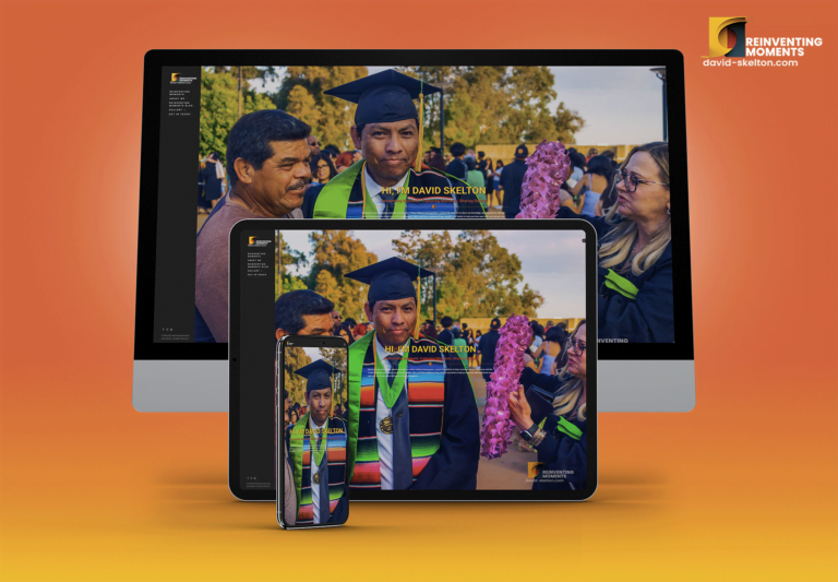 About Me 5 Mockup of Reinventing Moments website showing responsive design on a desktop monitor, tablet, and smartphone.