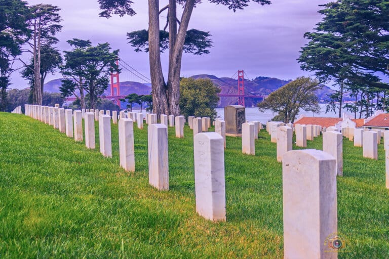 New Year's NorCal Road Trip: A Journey Cut Short, But Not Forgotten 3 View from San Francisco National Cemetery overlooking rows of headstones with the Golden Gate Bridge and San Francisco Bay in the background.