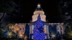 New Year's NorCal Road Trip: A Journey Cut Short, But Not Forgotten 4 30-second long-exposure photo of the illuminated California State Capitol Christmas Tree at night.