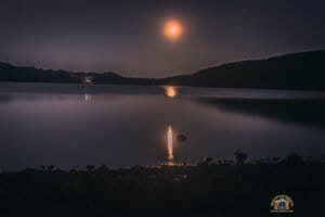Vegas Jets and River Runs 4 Lake Mead at night with moonset reflection; black diffusion filter effect.