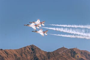 Vegas Jets and River Runs 7 US Air Force Thunderbirds Echelon Right formation at Nellis AFB Aviation Nation 2025.