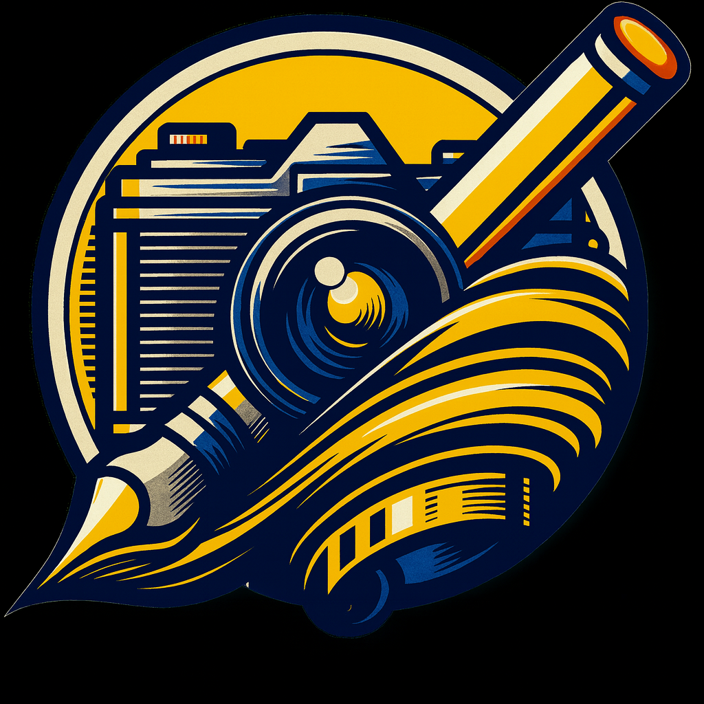 Graphic design illustration featuring a digital pen tool and camera lens.