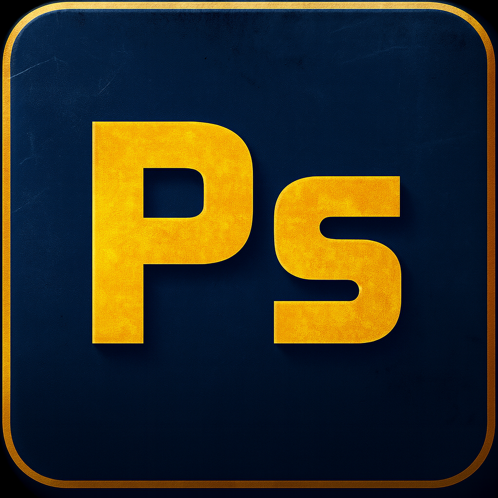 Textured gold and black Adobe Photoshop Ps logo icon.