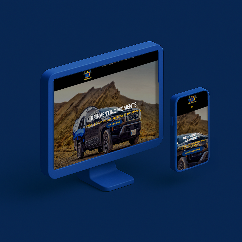 3D responsive web design mockup showing the Reinventing Moments website on desktop and mobile devices.