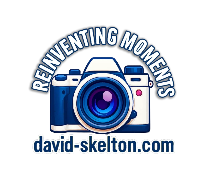 Blue and white illustrated camera logo for Reinventing Moments with david-skelton.com text.