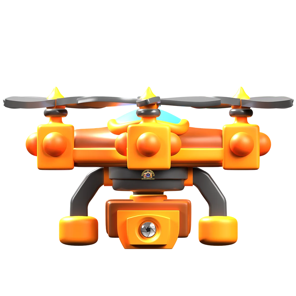 A 3D stylized icon of a quadcopter drone with a bright orange and yellow chassis, black propellers, and gray landing gear. A large camera housing with a glossy lens is mounted underneath, completely isolated on a transparent background.