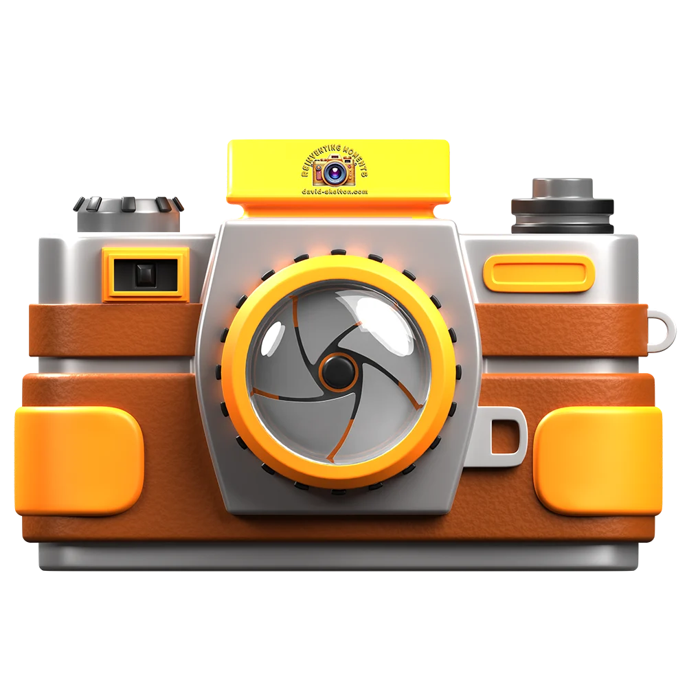 A 3D stylized icon of a retro-style camera with a silver and textured brown body, bright yellow and orange accents, and a glossy lens showing an open shutter aperture, isolated on a transparent background.