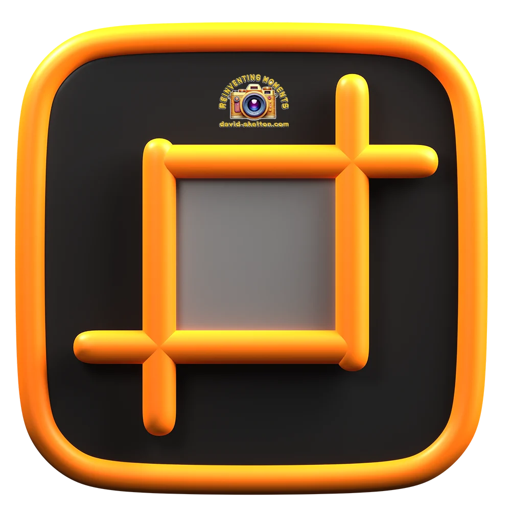 A 3D stylized icon of a squircle-shaped app tile with an orange border. In the center, a raised orange crop tool symbol frames a gray square, completely isolated on a transparent background.