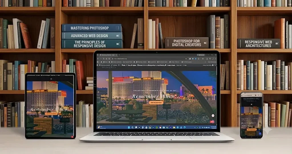 A laptop, tablet, and smartphone display the same responsive website in a library, surrounded by bookshelves.