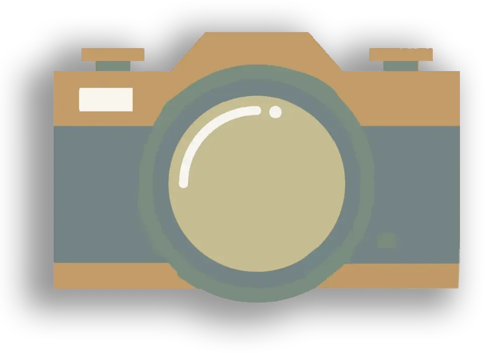 Minimalist graphic icon of a vintage-style camera with a tan body, grey-teal accent band, and a large central lens with a white light reflection.